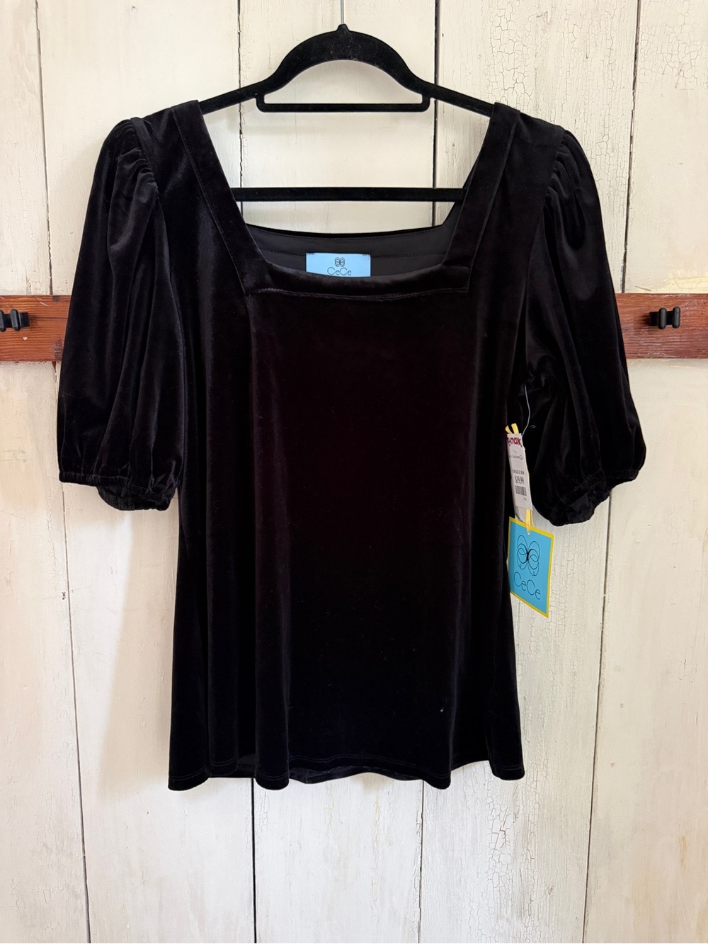 CeCe Black Velvet Square Neck Puff Sleeve Top